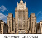 Small photo of MOSCOW, RUSSIA - JULE 27 2022: The main building of Ministry of Foreign Affairs is one of the famous seven skyscrapers, built in Stalinist style, on Jule 27, 2022 in Moscow, Russia