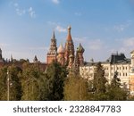 Small photo of MOSCOW - JULE 27: The Saint Basil's Resurrection Cathedral tops on the Moscow on Jule 27, 2022 in Moscow, Russia.