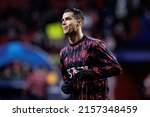 Small photo of MADRID - FEB 23: Cristiano Ronaldo warms up prior to the Champions League match between Club Atletico de Madrid and Manchester United at the Metropolitano Stadium on February 23, 2022 in Madrid.