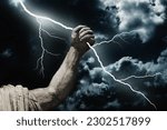 Small photo of Mighty god Zeus. The power of king of Olympic gods is the ability to throw lightning bolts. Fragment of an ancient statue. Horizontal image.