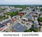Aerial view of historic commercial buildings on Main Street panorama in downtown Peabody, Massachusetts MA, USA.