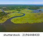 Marvin Island swamp aerial view at the mouth of Connecticut River between town of Old Saybrook and Old Lyme, Connecticut CT, USA. 