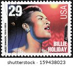 Small photo of UNITED STATES - CIRCA 1994: a stamp printed by USA shows image portrait of famous American jazz singer and songwriter Billie Holiday (Eleanora Fagan), circa 1994.