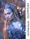 Small photo of Portrait of an pensive enchanting forest nymph and blonde hair covered with ice. Fairytale character.