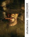 Small photo of A portrait of a scary, damned Old West cowboy with huge scars on his face and neck, who smokes a cigar and hides his eyes behind a wide-brimmed leather hat. Halloween. Adventure horror novel.
