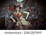 Small photo of Voodoo religion. A beautiful and treacherous young woman dressed as a voodoo doll stands in an old abandoned castle covered in cobwebs. Halloween.
