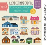 Great city map creator. House constructor. House, cafe, restaurant, shop, infrastructure, industrial, transport, village and countryside. Make your perfect city. Vector illustration