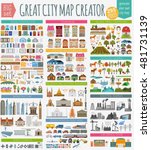 Great city map creator. House constructor. House, cafe, restaurant, shop, infrastructure, industrial, transport, village and countryside element. Make your perfect city. Vector illustration