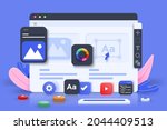 Web UI-UX design, web development concept. Web design, application design, coding, and web building on blue background. 3d Vector Illustration