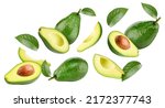 Small photo of Flying in air Avocado whole and cut in half with leaf isolated on white background. Levitation Avocado Clipping Path.