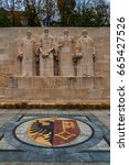 Small photo of GENEVA, SWITZERLAND - NOVEMBER 14, 2016: International Monument of the Reformation Wall (1909) in Parc des Bastions (Bastions Park).