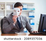 Small photo of Businessman with mask in office hypocrisy concept
