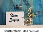 Hello spring poster and bouquet of cherry flowers
