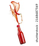 Small photo of Hot chili red pepper sauce ip and splash from a bottle with a fresh red hot pepper on white background