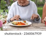 Small photo of Joyful elderly woman in light cotton sweater enjoys a hearty meal of pasta, meatballs, and fresh vegetables outdoors in the countryside. Focused on meal and smile, with others nearby