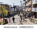 Small photo of Tokyo, Japan - April 09, 2023: Street view of Yanaka Ginza with unknown people, a traditional shopping street in Yanaka district, which was spared during WW2 and therefore shows the charm of old Japan
