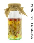 Small photo of Chinese medical liquor in glass jar. Infused alcohol with herbs, isolated on white - Licorice, Radix Ginseng, Goji berry, Red sage, Solomon's Seal Rhizome, Female ginseng, Astragalus, Szechuan lovage