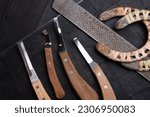 new professional hoof knives with  rasp for trimming horsy foot against black background. horse hoof care concept. flat lay