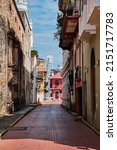 Small photo of Narrow streets in the old swarm of Panama City. City vertical landscape.