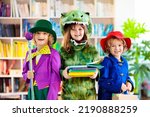 Kids in book character costume. School dress up party. English language and literature study for young children. Reading for primary school kid. Library event. Fun learning.