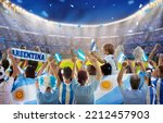 Small photo of Argentina football supporter on stadium. Argentinian fans on soccer pitch watch team play. Group of supporters with flag and national jersey cheering for Argentina. Championship game.