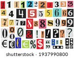 Ransom notes. Paper cut numbers and letters. Old newspaper magazine cutouts