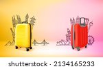 two travel suitcases with world ... | Shutterstock .eps vector #2134165233