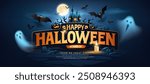 Happy Halloween text design, ghost, bat flying pumpkins, candle, moonnight, banner design on dark blue background, Eps 10 vector illustration