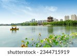 Small photo of Ancient buildings by the lake: Pagoda, Xi'an, China.