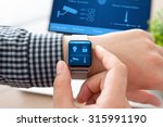 man hand in watch with program smart home on the screen against the background of computer 