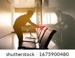 blurred image of housekeeper cleaning service working at office. Blur image use for background.  Prevention of coronavirus infection, spring cleaning concept