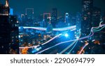 Small photo of Smart city with speed line glowing light trail surround the city. big data connection technology concept