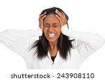 Closeup portrait headshot stressed sad middle aged housewife, woman, employee, worker, having migraine, tension headache isolated white background. Human face expressions, emotions, reaction, attitude
