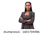 Portrait of a happy African American female company leader, CEO, boss, executive, isolated on white background