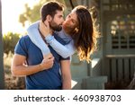 Small photo of Two lovers couple look into each others eyes in love infatuated
