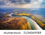 aerial view of the Danube river shore in autumn, Dobrogea, Romania