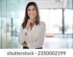 Small photo of Happy confident Latin professional mid aged business woman in office, portrait. Smiling lady corporate leader, mature female executive, lady manager standing in looking at camera, portrait.