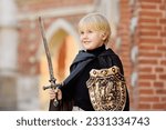 Small photo of Portrait of a cute little boy dressed as a medieval knight with a sword and a shield. Medieval festival or costume party for kids