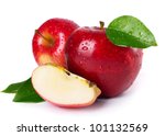 fresh red apples with leaves isolated on white background
