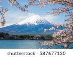 Mount Fuji with cherry blossom at Lake kawaguchiko in japan 