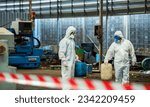 Small photo of Man inspector scientist investigate chemical gas leak spill with safety face mask PPE suit in area closed barricade security red white tape. danger area infected toxic leak spill cross stripe ribbon