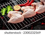 Raw chicken wings on the grill, hot coals of the grill. Barbecue and grilling. Very high resolution image