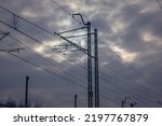 Traction poles next to railroad tracks in Lodz Province of Poland
