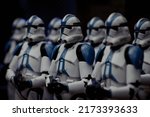 Small photo of JUNE 28 2022 - Star Wars the Clone Wars 501st clone troopers at attention - Hasbro action figure