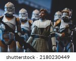Small photo of JULY 18 2022: Star Wars The Clone Wars, scene with Jedi General Obi-wan Kenobi with the clone trooper 212th Attack Battalion - Hasbro action figures