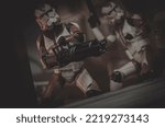 Small photo of OCT 26 2022: Star Wars The Clone Wars clone troopers from the 187th Battalion in battle - Hasbro action figures