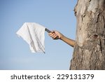Arm and hand of person hiding behind tree holding white flag, cloth or handkerchief as sign for peace, resignation and negotiations, with blue sky as outdoor background and copy space.