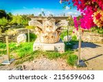 Remains of the Corinthian classic order column with flowers, The Ancient Agora of Classical Athens, Greece