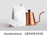 Blank coffee packaging with a business card, greeting card, copper pot, coffee packaging mockup with empty space to display your branding design.