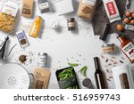  Food packaging set, bottles, cans, jars, pachages, bags on a white table,  top view with copy space